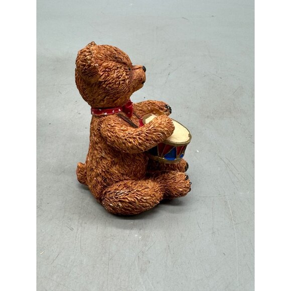 Vintage Ceramic Teddy Bear Drummer Figurine brown dots playful 3" bow tie READ - Picture 4 of 6